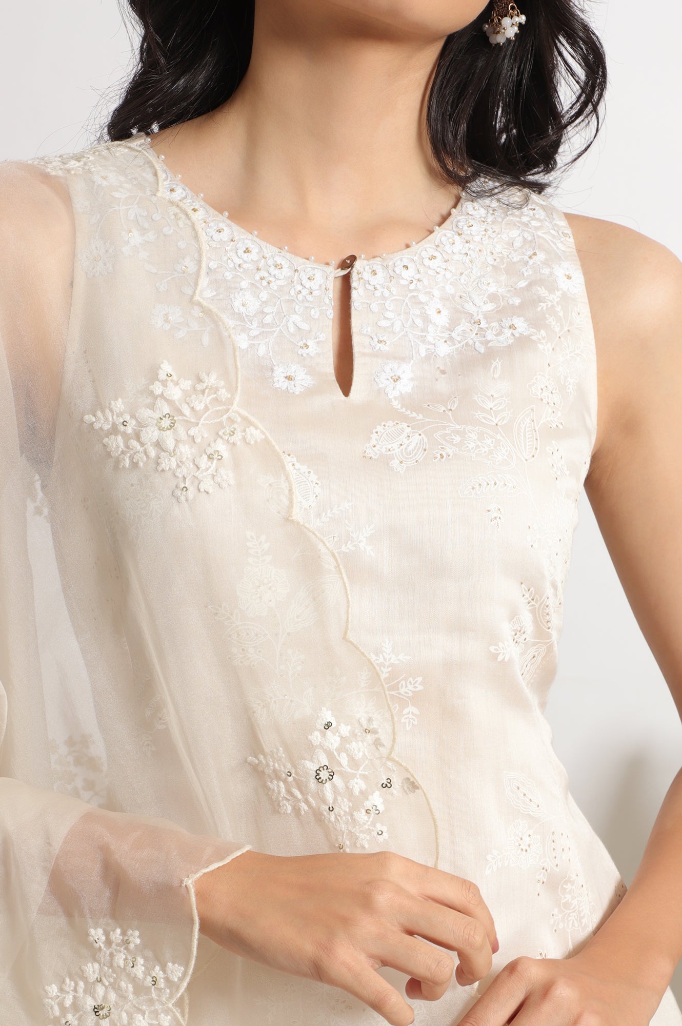 W for Woman White Printed Chanderi Short Kurta, Sharara and Dupatta Set