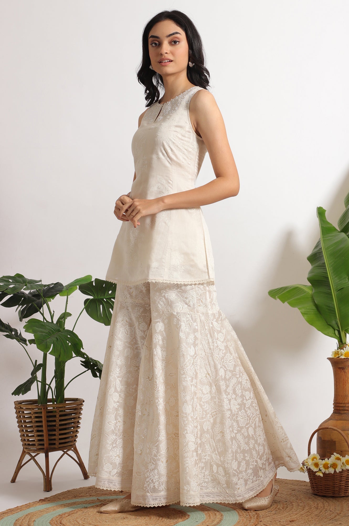 W for Woman White Printed Chanderi Short Kurta, Sharara and Dupatta Set