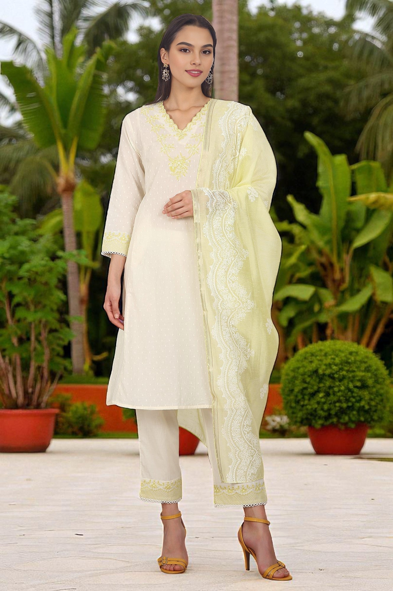 W for Woman White Thread Embroidered Textured Cotton A-line Kurta, Straight Pants and Dupatta Set
