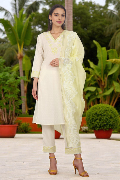 W for Woman White Thread Embroidered Textured Cotton A-line Kurta, Straight Pants and Dupatta Set