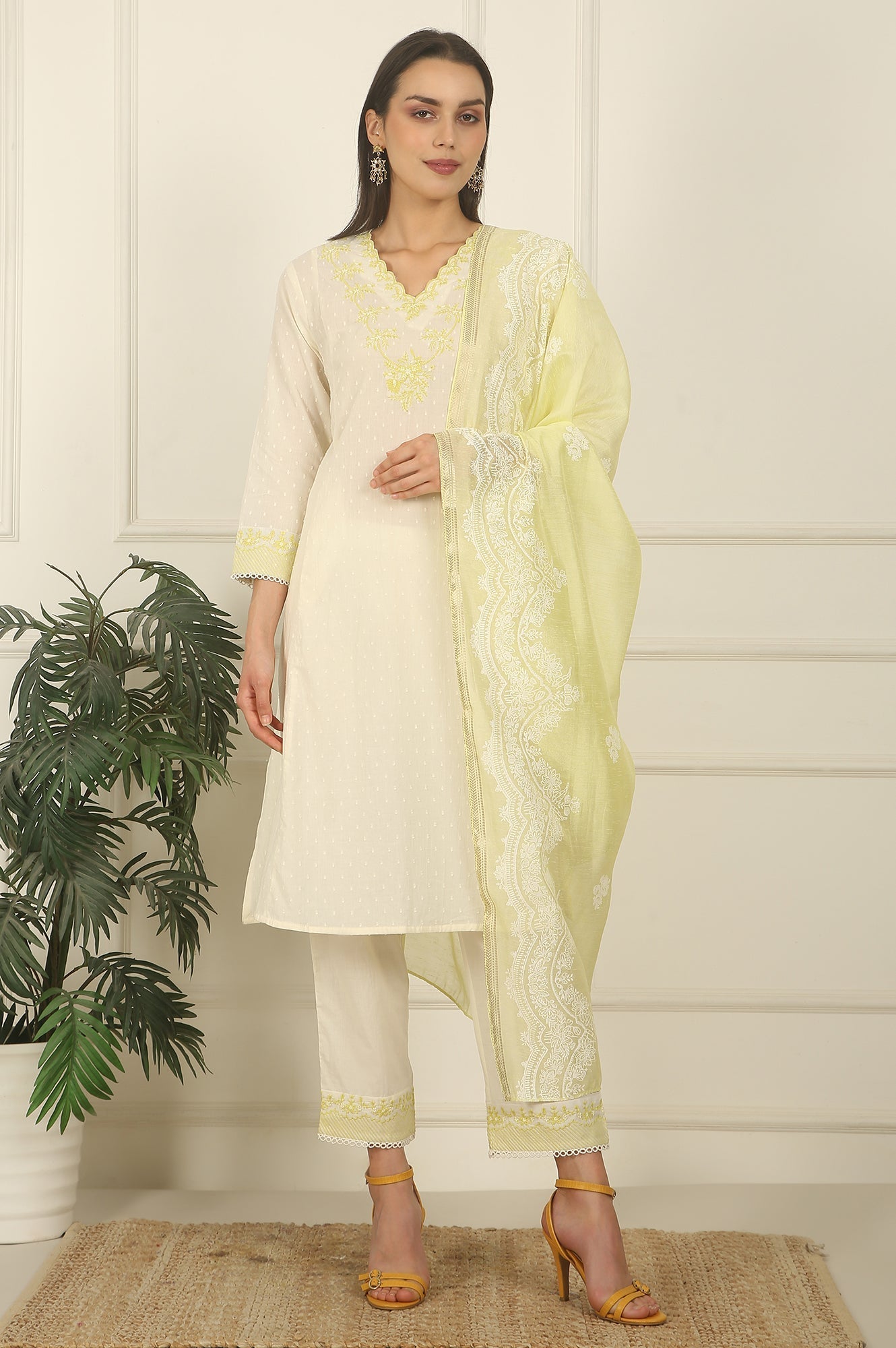 W for Woman White Thread Embroidered Textured Cotton A-line Kurta, Straight Pants and Dupatta Set