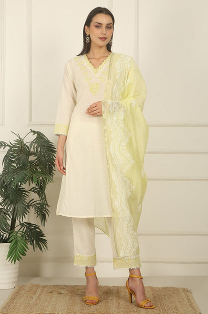 W for Woman White Thread Embroidered Textured Cotton A-line Kurta, Straight Pants and Dupatta Set
