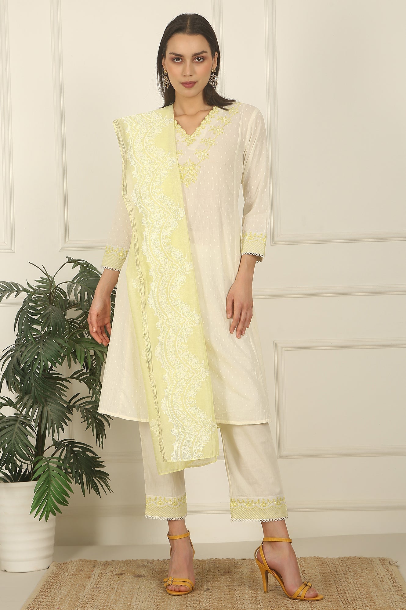 W for Woman White Thread Embroidered Textured Cotton A-line Kurta, Straight Pants and Dupatta Set