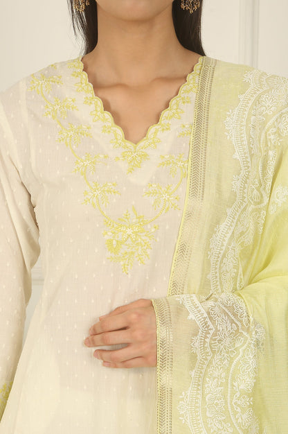 W for Woman White Thread Embroidered Textured Cotton A-line Kurta, Straight Pants and Dupatta Set