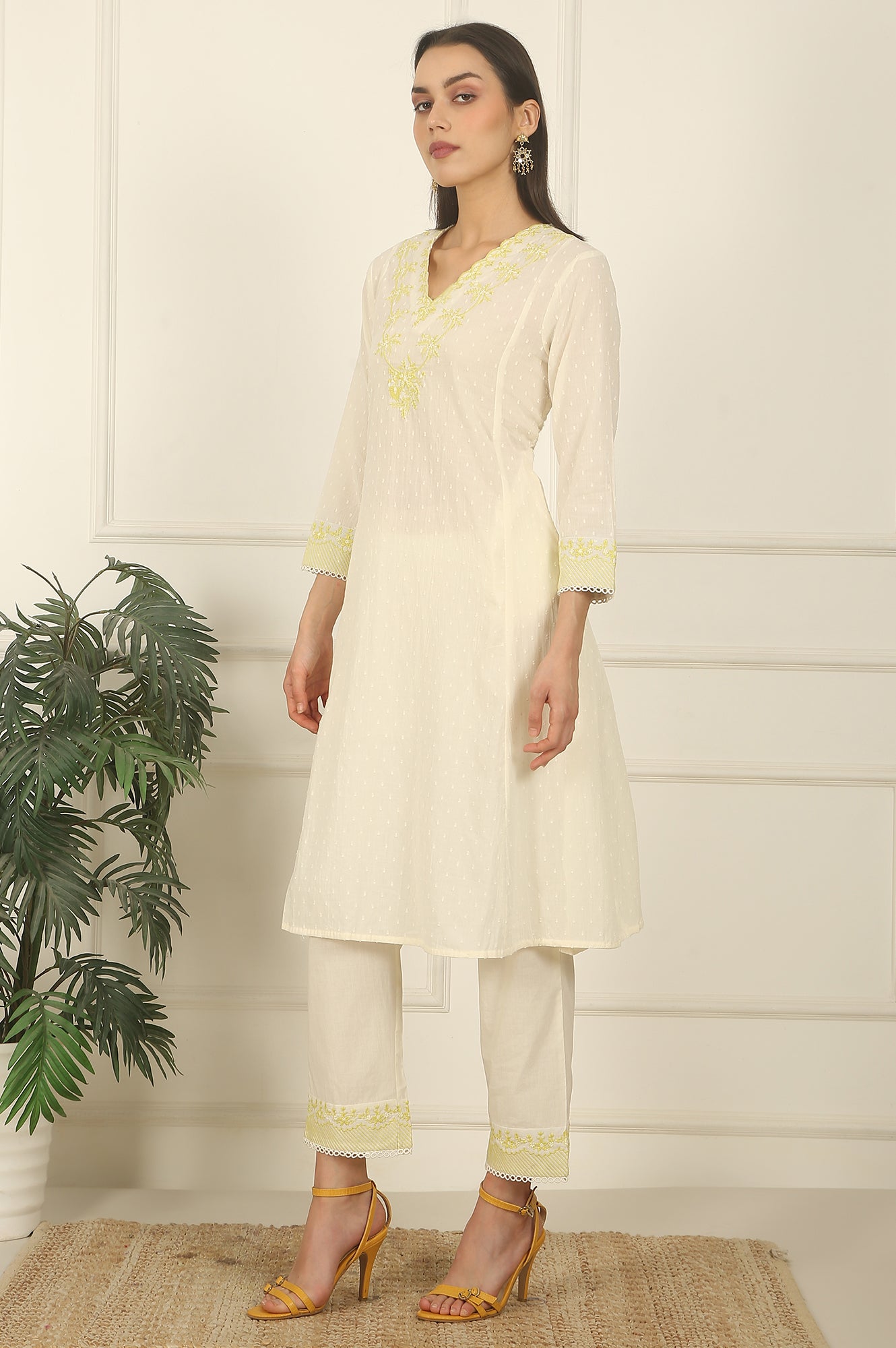 W for Woman White Thread Embroidered Textured Cotton A-line Kurta, Straight Pants and Dupatta Set