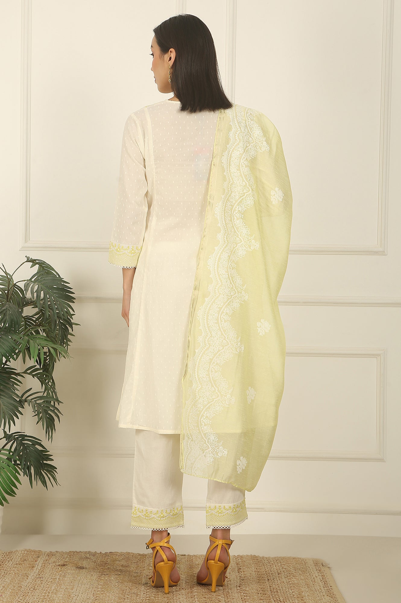 W for Woman White Thread Embroidered Textured Cotton A-line Kurta, Straight Pants and Dupatta Set