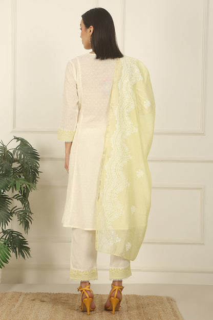 W for Woman White Thread Embroidered Textured Cotton A-line Kurta, Straight Pants and Dupatta Set