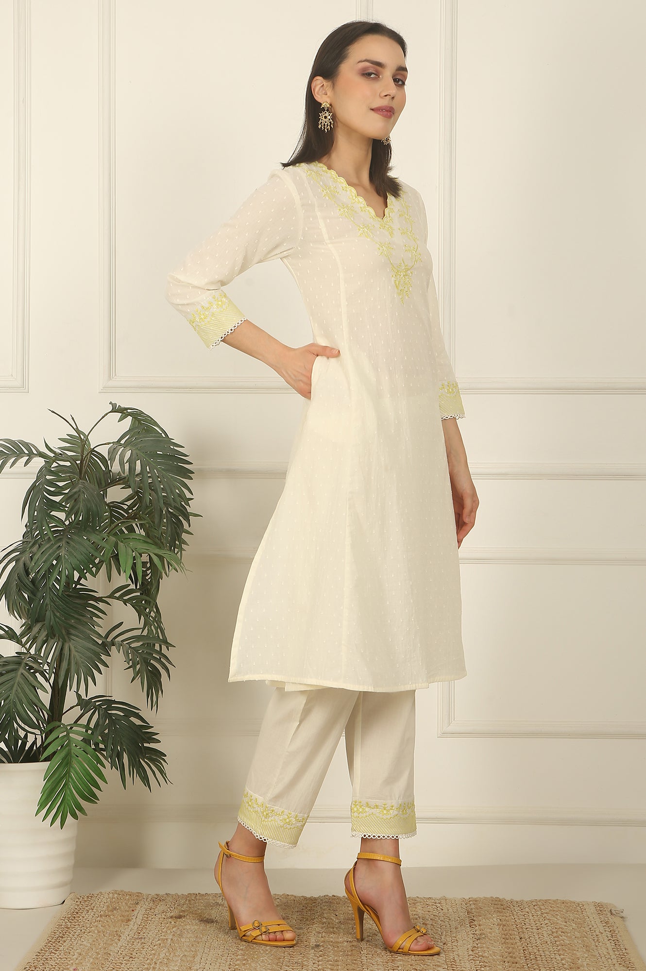 W for Woman White Thread Embroidered Textured Cotton A-line Kurta, Straight Pants and Dupatta Set