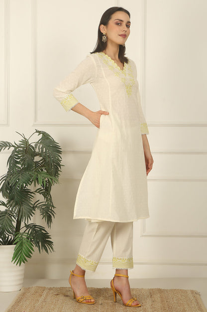 W for Woman White Thread Embroidered Textured Cotton A-line Kurta, Straight Pants and Dupatta Set
