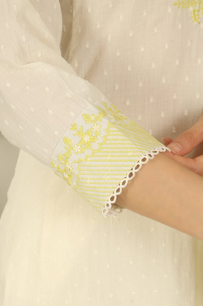 W for Woman White Thread Embroidered Textured Cotton A-line Kurta, Straight Pants and Dupatta Set
