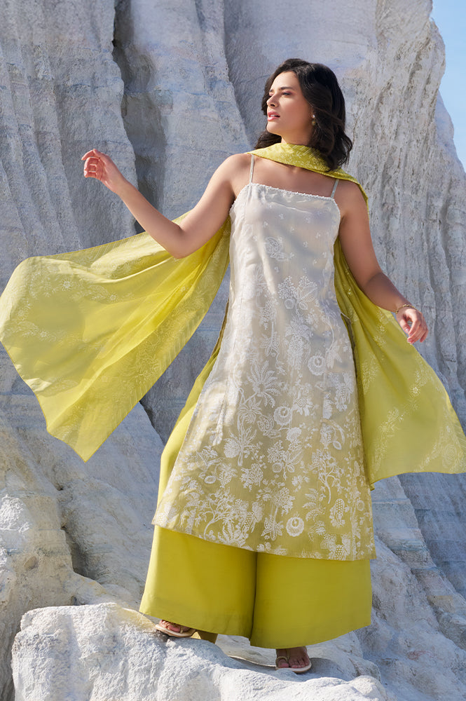 W for Woman Green Floral Printed Chanderi Spaghetti Straight Kurta, Pants and Dupatta Set