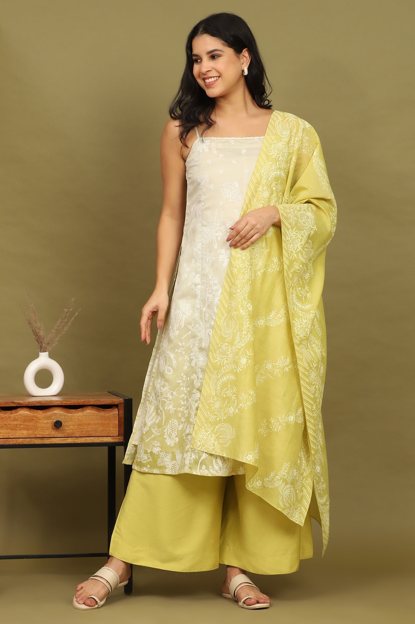 W for Woman Green Floral Printed Chanderi Spaghetti Straight Kurta, Pants and Dupatta Set