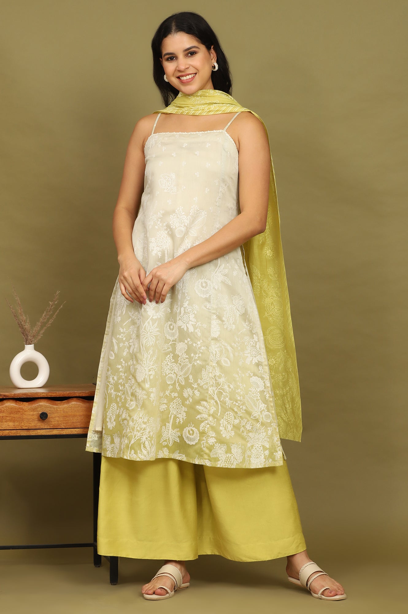 W for Woman Green Floral Printed Chanderi Spaghetti Straight Kurta, Pants and Dupatta Set
