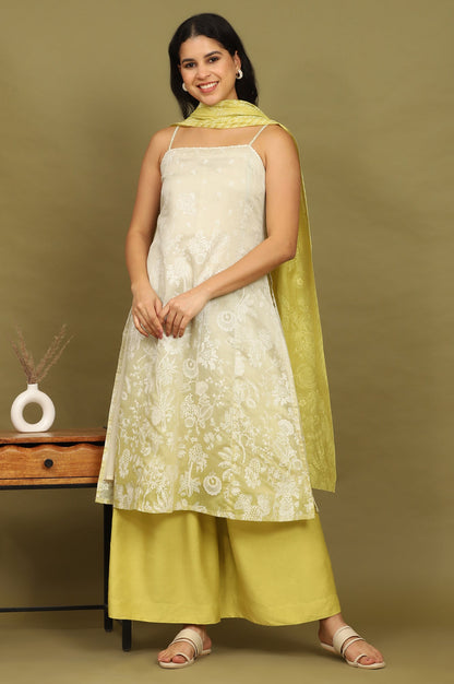 W for Woman Green Floral Printed Chanderi Spaghetti Straight Kurta, Pants and Dupatta Set