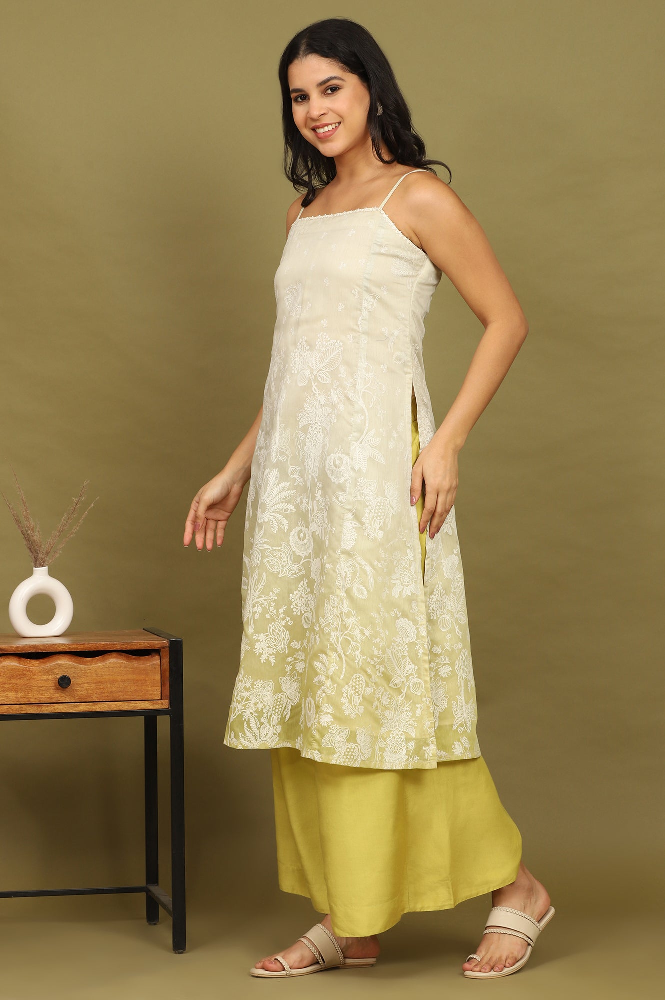 W for Woman Green Floral Printed Chanderi Spaghetti Straight Kurta, Pants and Dupatta Set