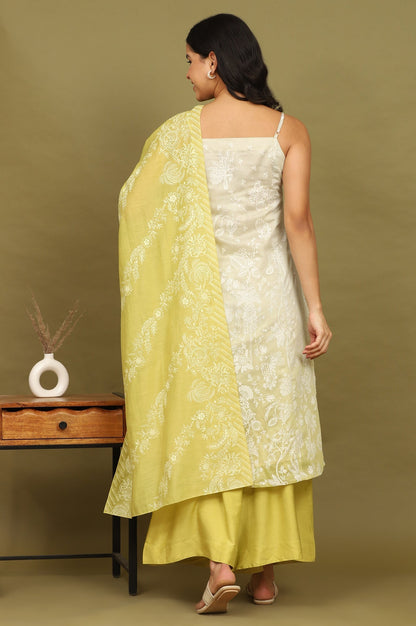 W for Woman Green Floral Printed Chanderi Spaghetti Straight Kurta, Pants and Dupatta Set