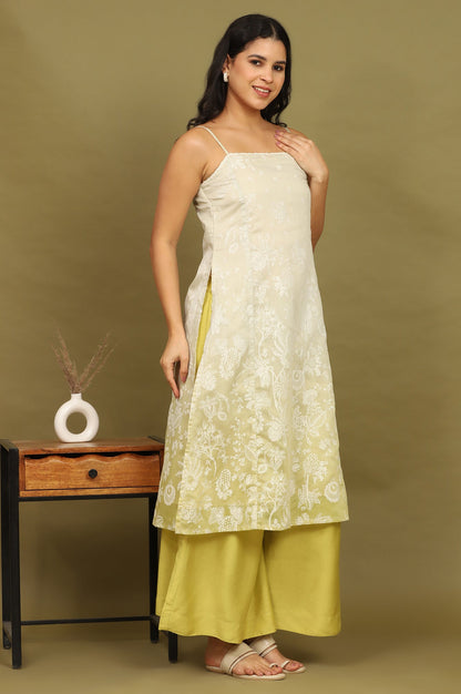 W for Woman Green Floral Printed Chanderi Spaghetti Straight Kurta, Pants and Dupatta Set