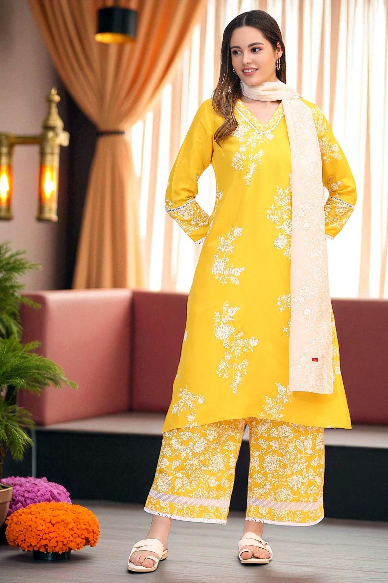 W for Woman Mango Yellow Floral Printed Shantung A-line Kurta, Printed Parallel Pants and Dupatta Set