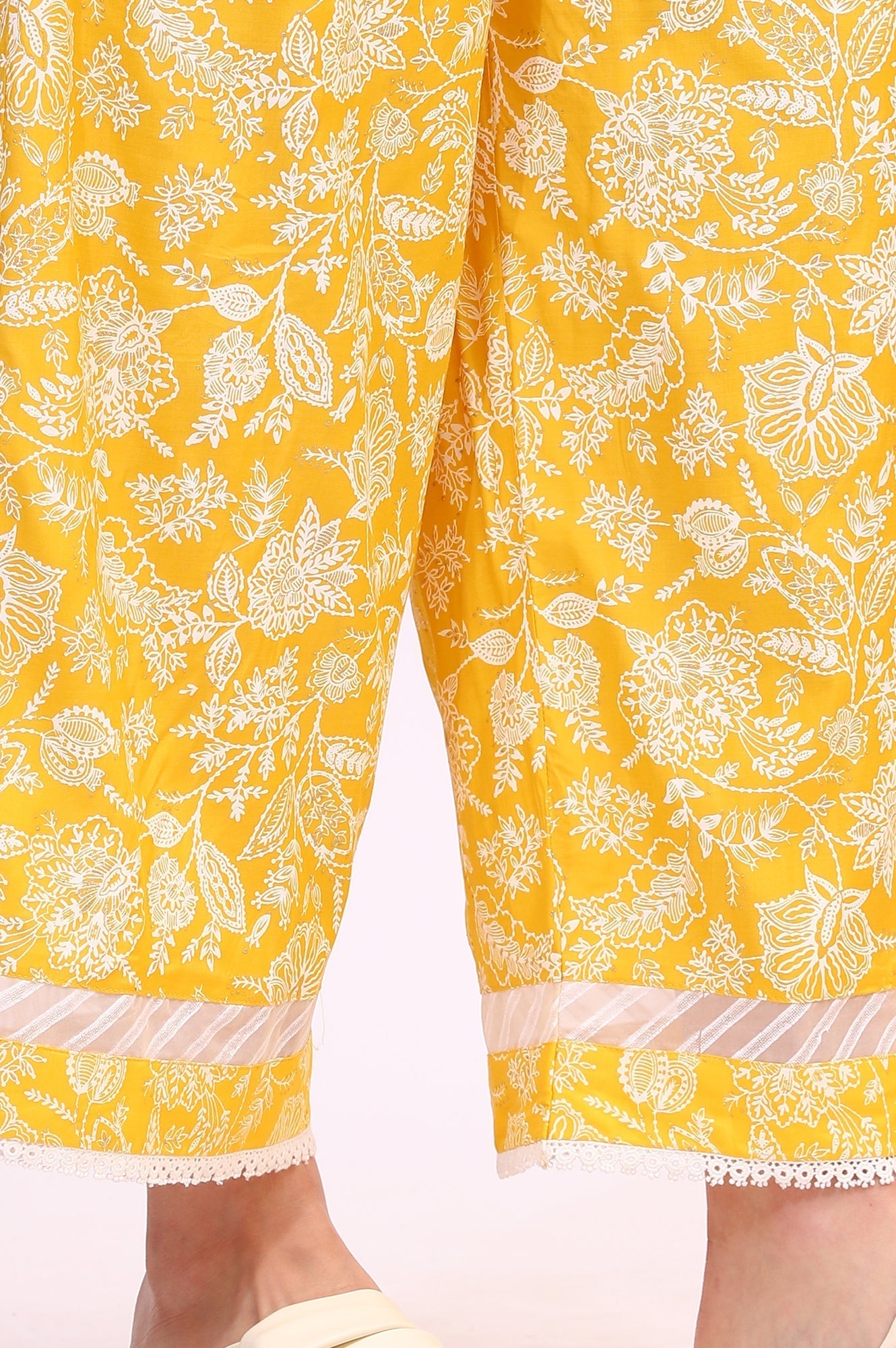 W for Woman Mango Yellow Floral Printed Shantung A-line Kurta, Printed Parallel Pants and Dupatta Set
