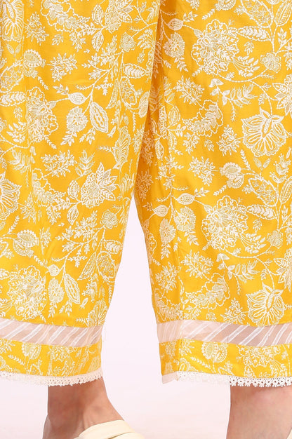W for Woman Mango Yellow Floral Printed Shantung A-line Kurta, Printed Parallel Pants and Dupatta Set