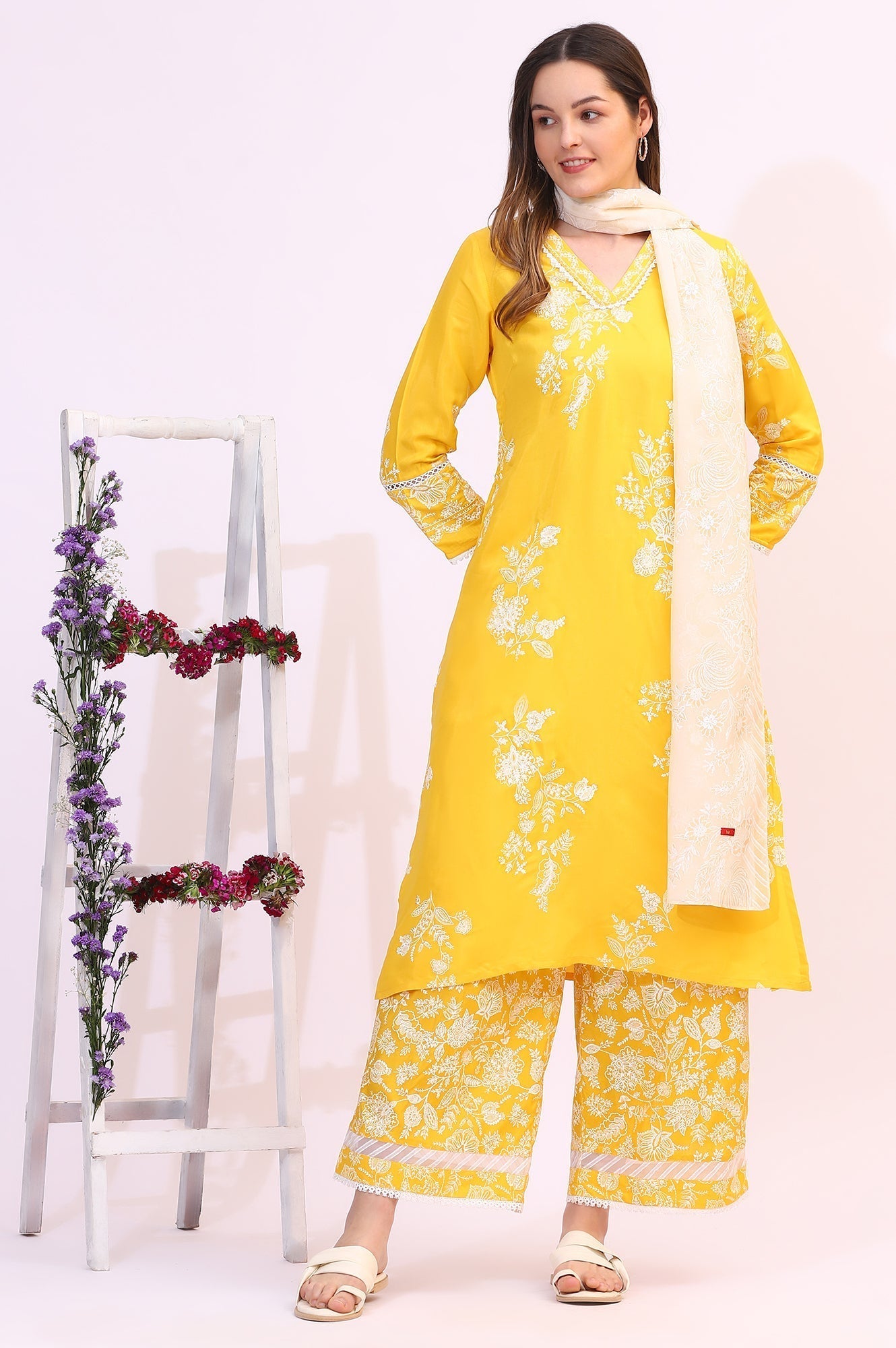 W for Woman Mango Yellow Floral Printed Shantung A-line Kurta, Printed Parallel Pants and Dupatta Set