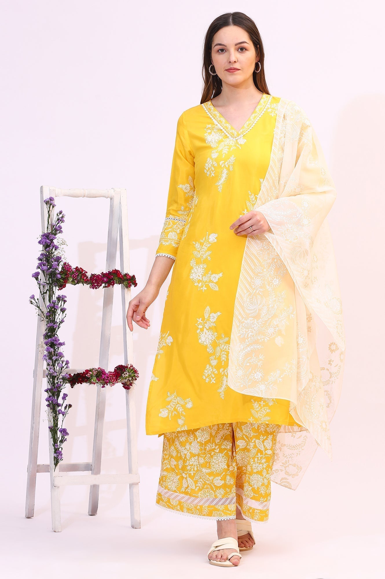 W for Woman Mango Yellow Floral Printed Shantung A-line Kurta, Printed Parallel Pants and Dupatta Set