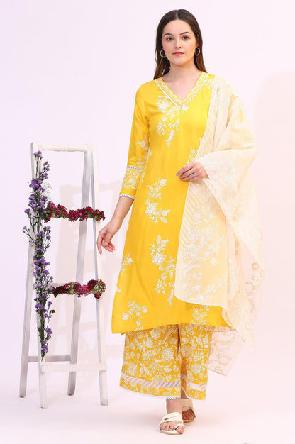 W for Woman Mango Yellow Floral Printed Shantung A-line Kurta, Printed Parallel Pants and Dupatta Set