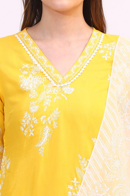 W for Woman Mango Yellow Floral Printed Shantung A-line Kurta, Printed Parallel Pants and Dupatta Set