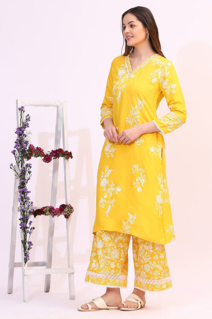 W for Woman Mango Yellow Floral Printed Shantung A-line Kurta, Printed Parallel Pants and Dupatta Set