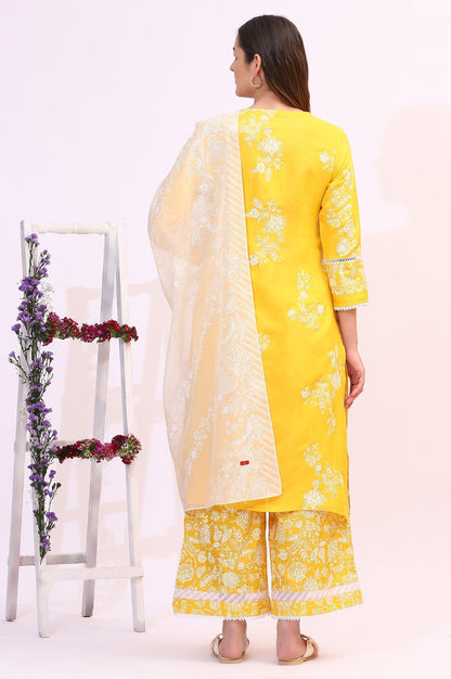 W for Woman Mango Yellow Floral Printed Shantung A-line Kurta, Printed Parallel Pants and Dupatta Set