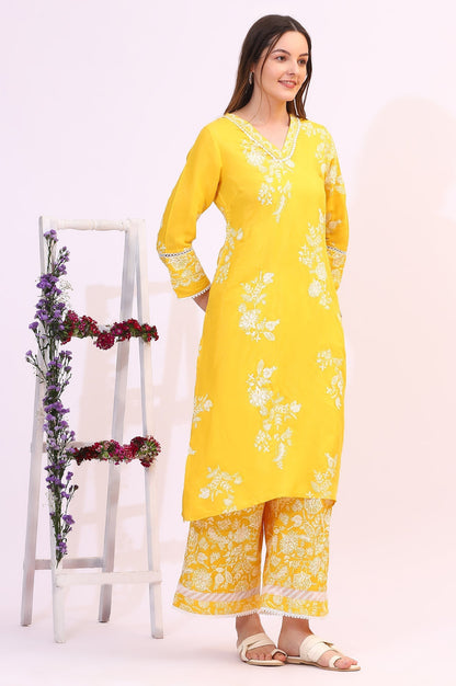 W for Woman Mango Yellow Floral Printed Shantung A-line Kurta, Printed Parallel Pants and Dupatta Set