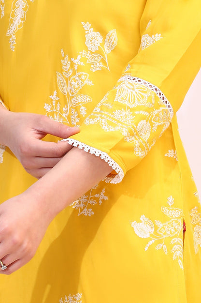 W for Woman Mango Yellow Floral Printed Shantung A-line Kurta, Printed Parallel Pants and Dupatta Set
