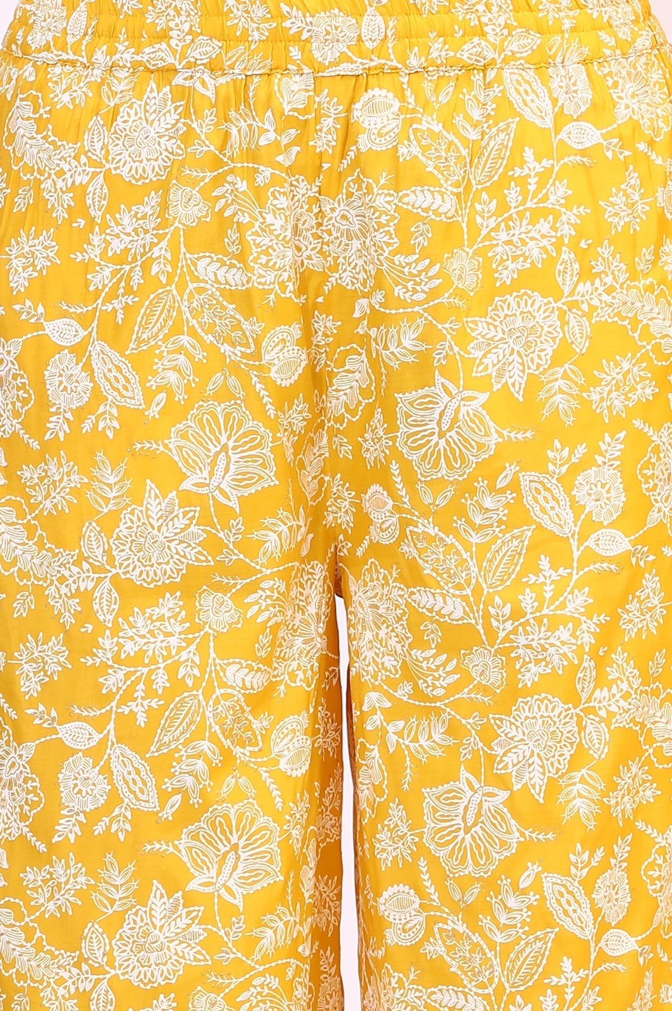 W for Woman Mango Yellow Floral Printed Shantung A-line Kurta, Printed Parallel Pants and Dupatta Set