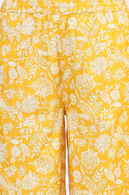 W for Woman Mango Yellow Floral Printed Shantung A-line Kurta, Printed Parallel Pants and Dupatta Set
