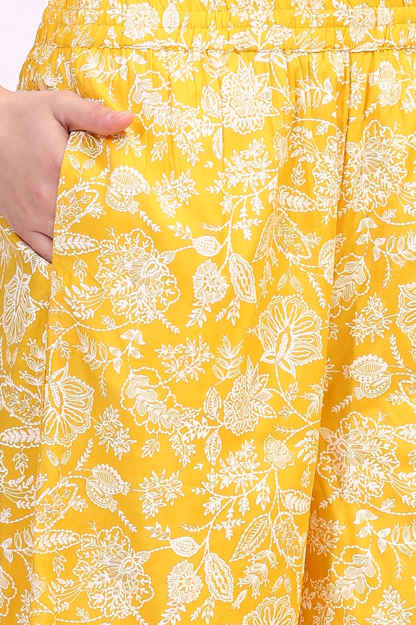 W for Woman Mango Yellow Floral Printed Shantung A-line Kurta, Printed Parallel Pants and Dupatta Set