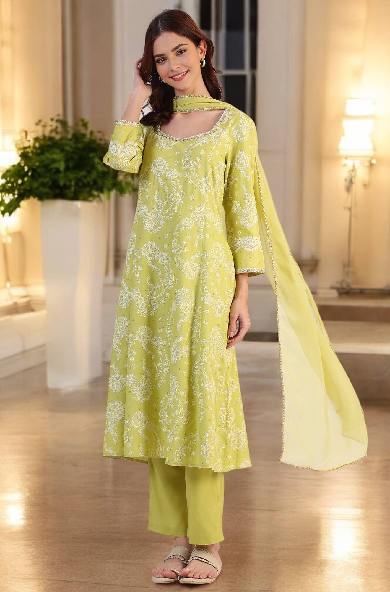 W for Woman Lime Green Floral Printed Sequined Rayon Anarkali Kurta, Straight Pants and Dupatta Set