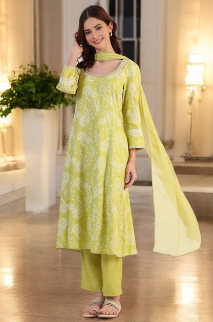 W for Woman Lime Green Floral Printed Sequined Rayon Anarkali Kurta, Straight Pants and Dupatta Set