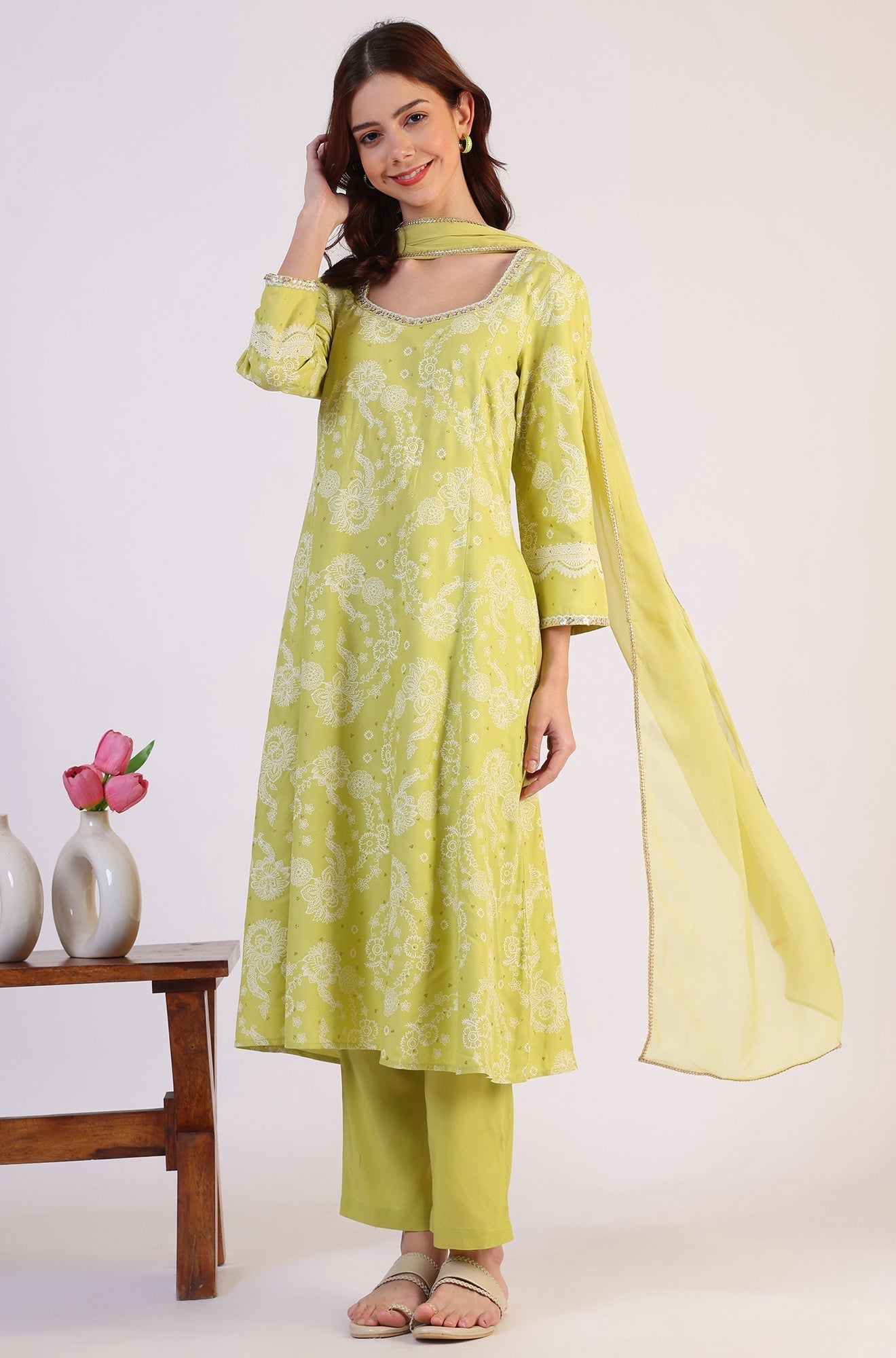 W for Woman Lime Green Floral Printed Sequined Rayon Anarkali Kurta, Straight Pants and Dupatta Set