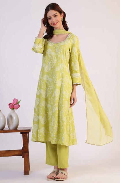 W for Woman Lime Green Floral Printed Sequined Rayon Anarkali Kurta, Straight Pants and Dupatta Set
