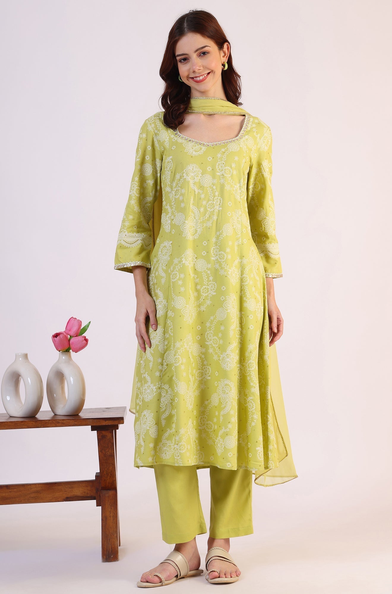 W for Woman Lime Green Floral Printed Sequined Rayon Anarkali Kurta, Straight Pants and Dupatta Set