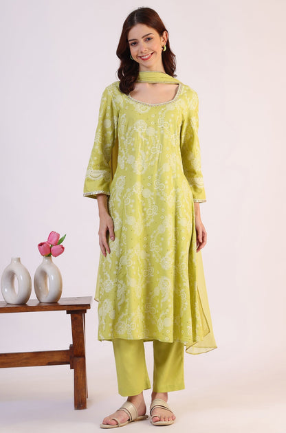 W for Woman Lime Green Floral Printed Sequined Rayon Anarkali Kurta, Straight Pants and Dupatta Set