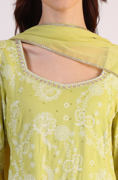 W for Woman Lime Green Floral Printed Sequined Rayon Anarkali Kurta, Straight Pants and Dupatta Set