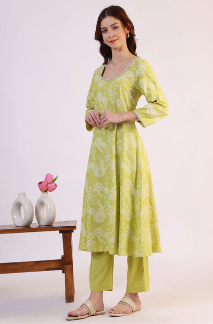 W for Woman Lime Green Floral Printed Sequined Rayon Anarkali Kurta, Straight Pants and Dupatta Set