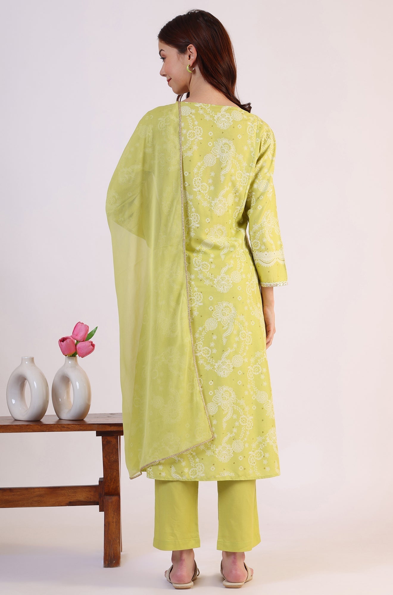 W for Woman Lime Green Floral Printed Sequined Rayon Anarkali Kurta, Straight Pants and Dupatta Set