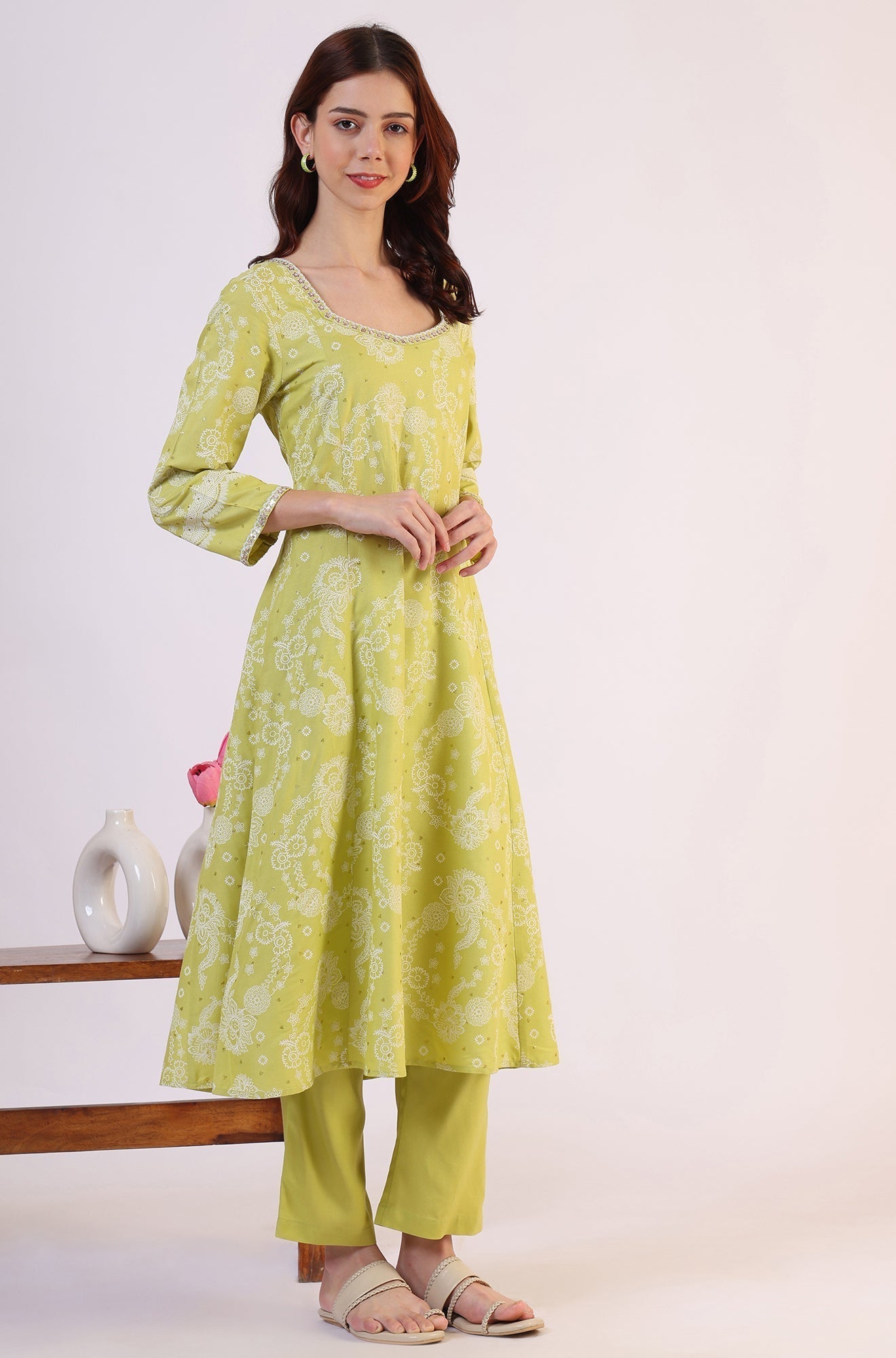 W for Woman Lime Green Floral Printed Sequined Rayon Anarkali Kurta, Straight Pants and Dupatta Set
