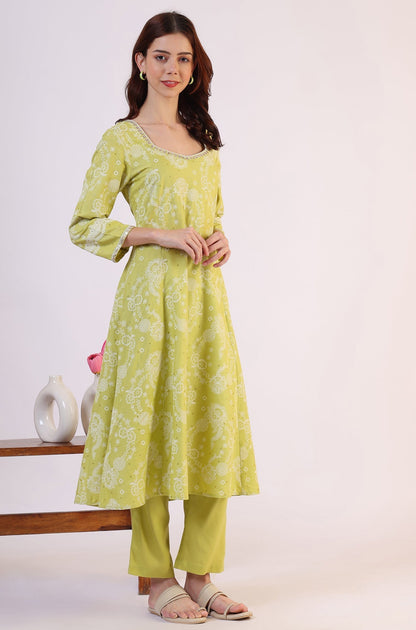 W for Woman Lime Green Floral Printed Sequined Rayon Anarkali Kurta, Straight Pants and Dupatta Set