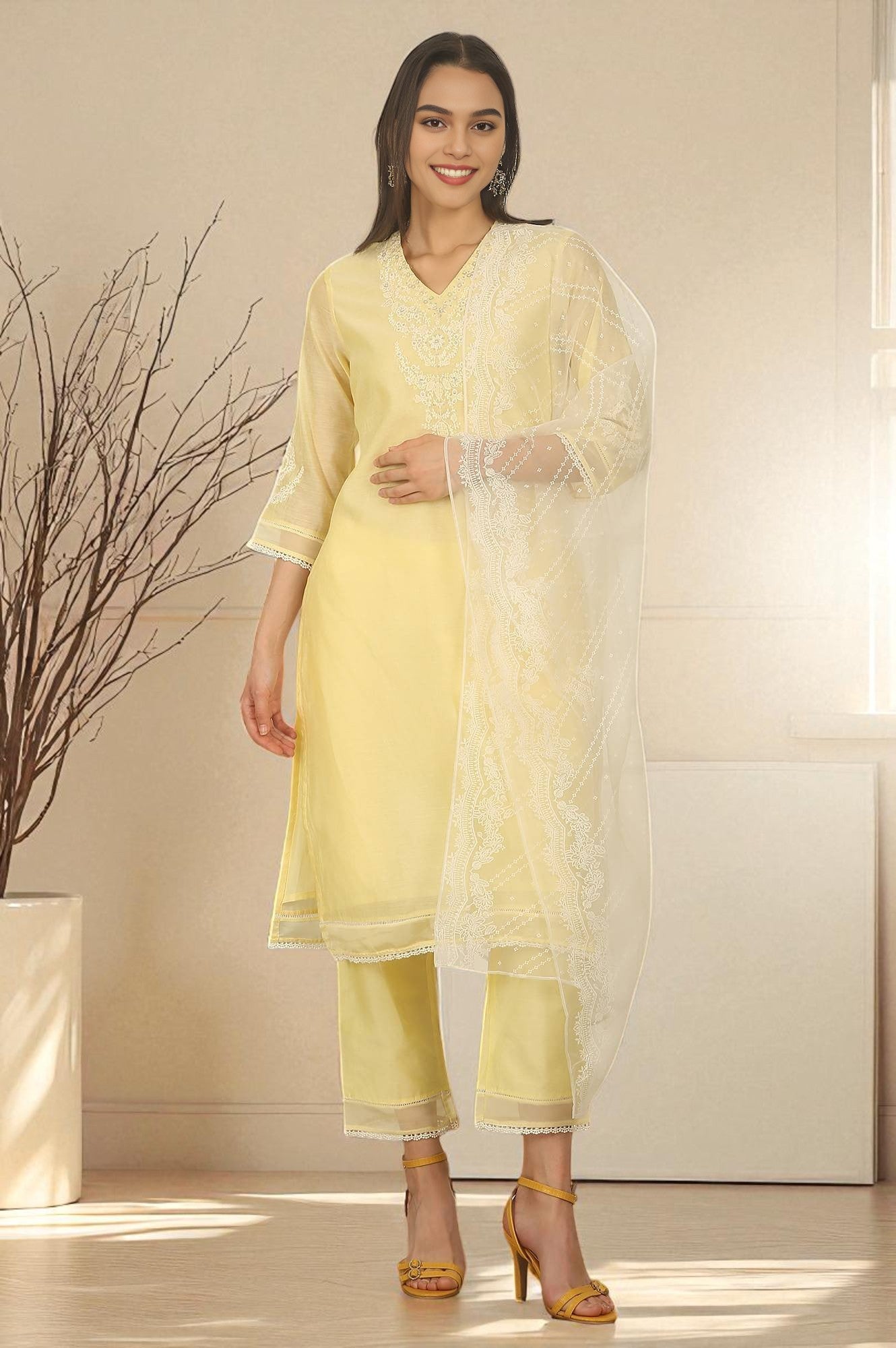 W for Woman Lemon Yellow Embroidered Chanderi A-line Kurta, Pants and Dupatta Set