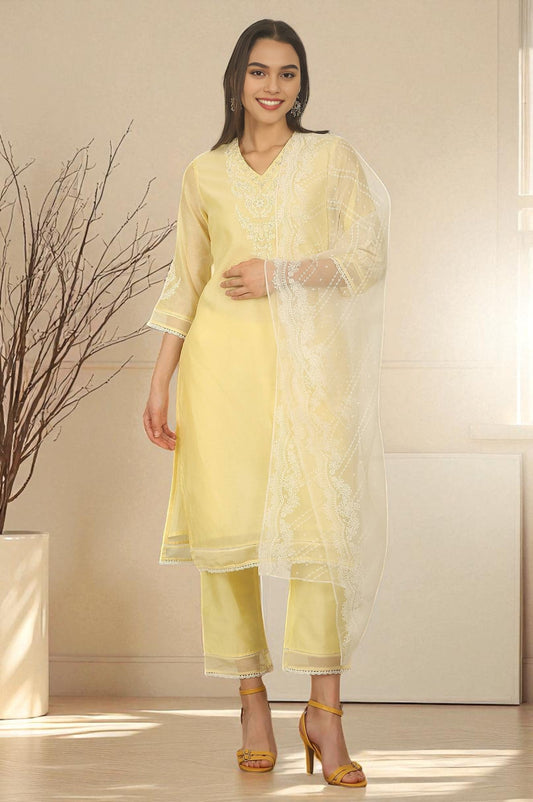 W for Woman Lemon Yellow Embroidered Chanderi A-line Kurta, Pants and Dupatta Set