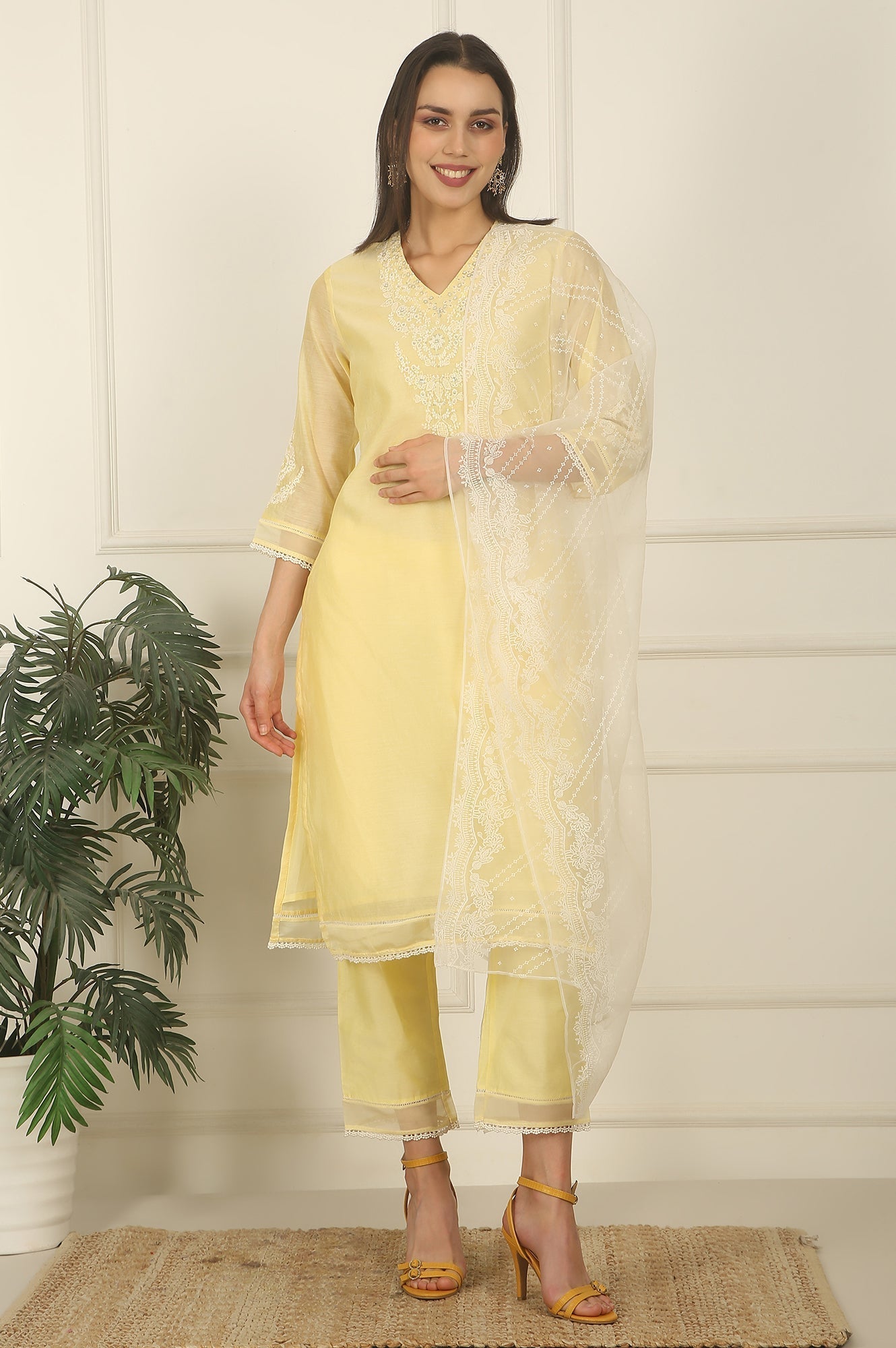 W for Woman Lemon Yellow Embroidered Chanderi A-line Kurta, Pants and Dupatta Set