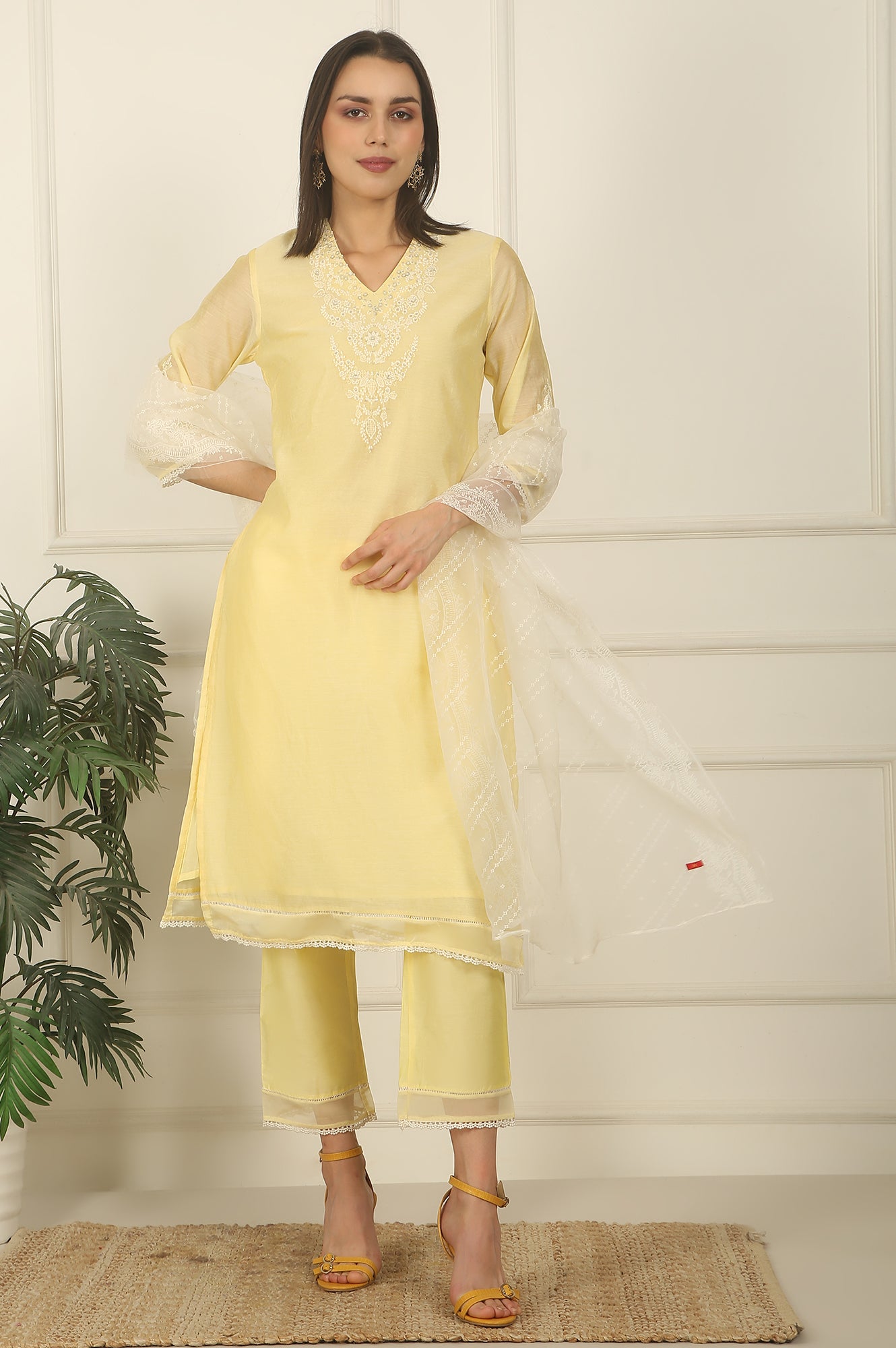 W for Woman Lemon Yellow Embroidered Chanderi A-line Kurta, Pants and Dupatta Set